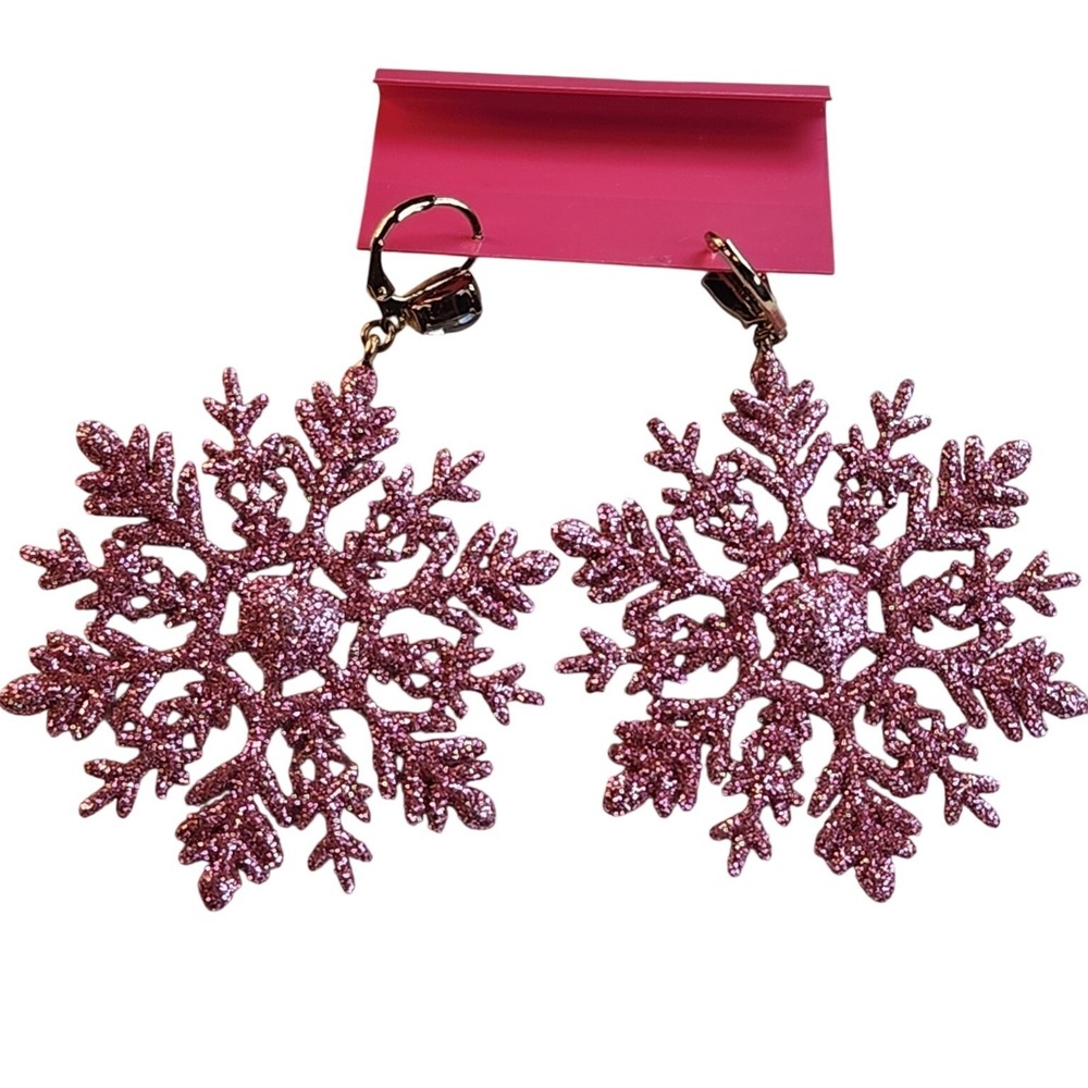 BETSEY JOHNSON Pink Snowflake Earrings‎ Glitter Crystal Drop Winter Christmas - Picture 2 of 4